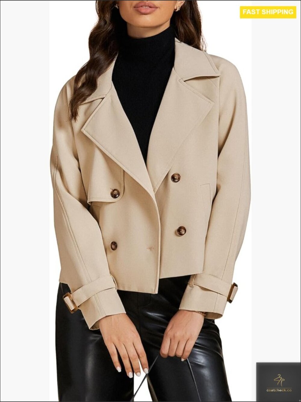Cropped Trench Coat Double Breasted Notched Lapel Casual Loose Fit Jacket with